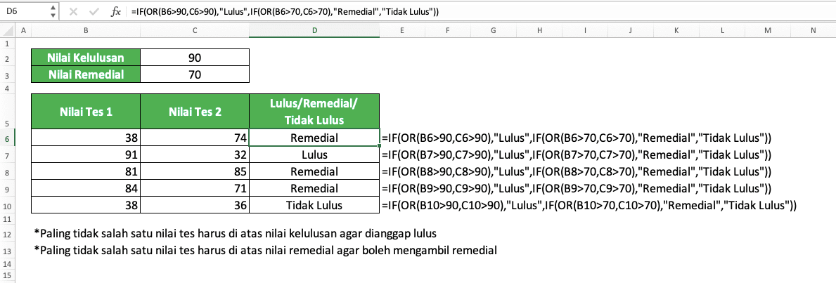 Cara Mengkombinasikan Rumus IF OR di Excel - Screenshot Contoh Implementasi IF OR Bertingkat