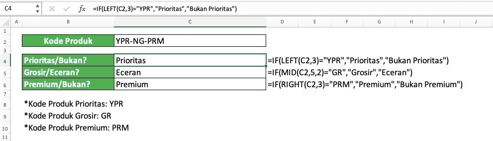 Fungsi/Rumus IF Excel: Kegunaan, Contoh, dan Cara Menggunakan - Screenshot Contoh Implementasi LEFT/MID/RIGHT Dalam IF di Input Kondisi Logikanya