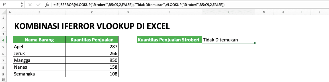 Penggunaan Kombinasi IFERROR VLOOKUP di Excel - Screenshot Contoh IF ISERROR VLOOKUP