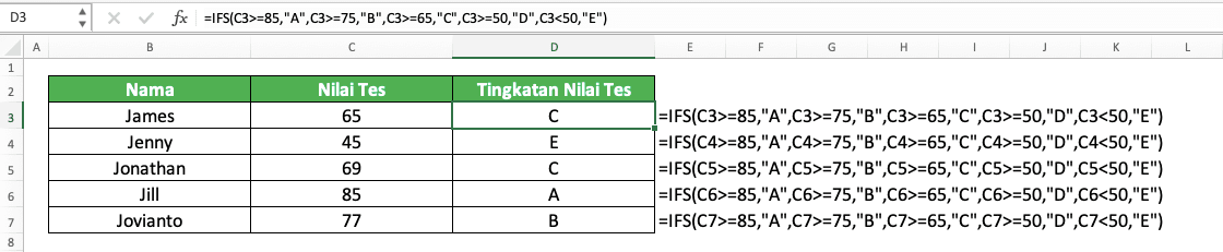 Cara Menggunakan Rumus IFS Excel: Fungsi, Contoh, dan Langkah Penulisan - Screenshot Contoh Implementasi IFS