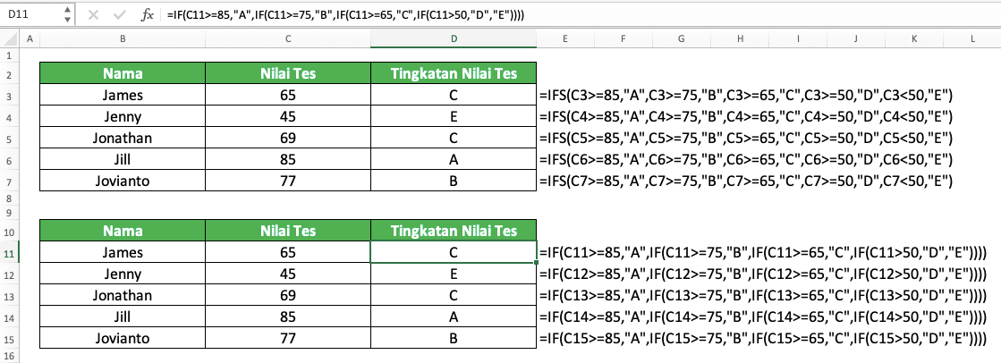 Cara Menggunakan Rumus IFS Excel: Fungsi, Contoh, dan Langkah Penulisan - Screenshot Perbandingan Contoh Hasil Implementasi IFS dan IF Bertingkat