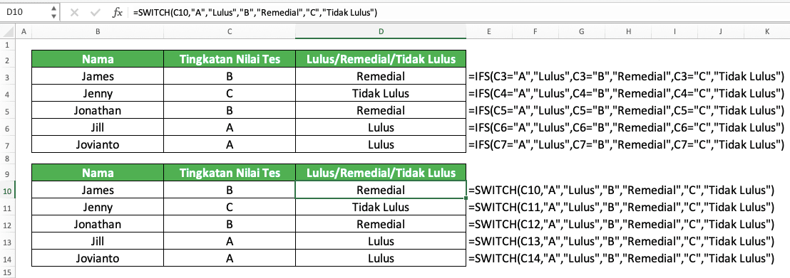 Cara Menggunakan Rumus IFS Excel: Fungsi, Contoh, dan Langkah Penulisan - Screenshot Perbandingan Contoh Hasil Implementasi IFS dan SWITCH