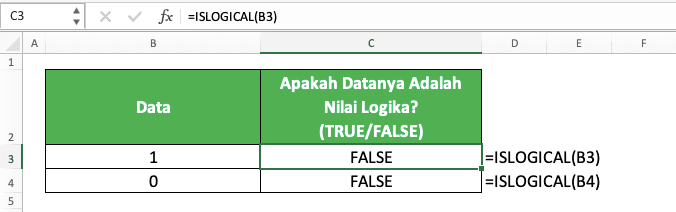 Cara Menggunakan Rumus ISLOGICAL Excel: Fungsi, Contoh, dan Langkah Penulisan - Screenshot Contoh Implementasi ISLOGICAL pada Angka 0 dan 1