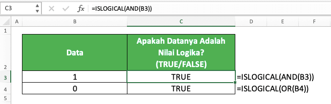 Cara Menggunakan Rumus ISLOGICAL Excel: Fungsi, Contoh, dan Langkah Penulisan - Screenshot Contoh Implementasi ISLOGICAL AND/OR pada Angka 0 dan 1