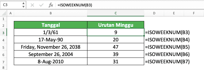 Rumus ISOWEEKNUM Excel - Screenshot Contoh Implementasi ISOWEEKNUM