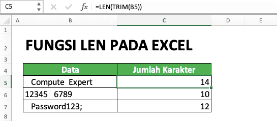 Cara Menggunakan Rumus/Fungsi LEN Pada Excel: Kegunaan, Contoh, dan Penulisan - Screenshot LEN Setelah Dikombinasikan Dengan TRIM