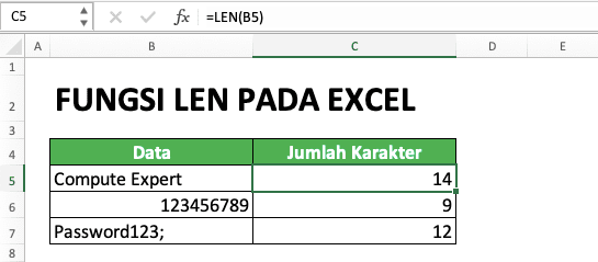 Cara Menggunakan Rumus/Fungsi LEN Pada Excel: Kegunaan, Contoh, dan Penulisan - Screenshot Contoh Penggunaan dan Hasil LEN