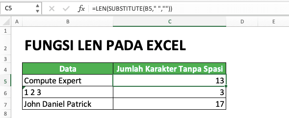Cara Menggunakan Rumus/Fungsi LEN Pada Excel: Kegunaan, Contoh, dan Penulisan - Screenshot Contoh Penggunaan dan Hasil LEN SUBSTITUTE Untuk Perhitungan Karakter Kecuali Spasi