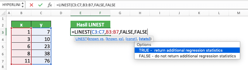 Cara Menggunakan Rumus LINEST di Excel: Fungsi, Contoh, dan Langkah Penulisan - Screenshot Langkah 3