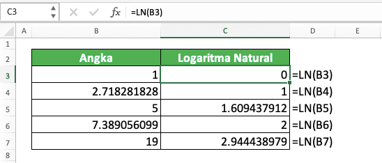 Cara Menggunakan Rumus LN di Excel: Fungsi, Contoh, dan Langkah Penulisan - Screenshot Contoh Implementasi LN
