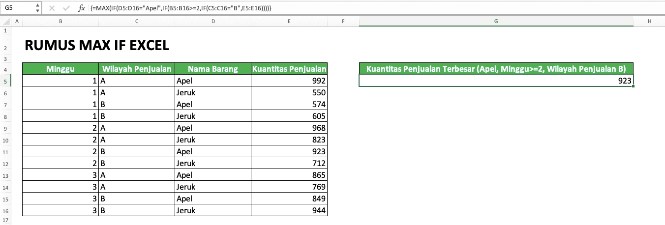 Cara Menggunakan Rumus MAX IF Excel: Kegunaan, Contoh, dan Penulisan - Screenshot Contoh Penggunaan dan Hasil MAX IF Lebih Dari 1 Kriteria