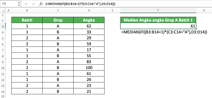 Cara Menggunakan Rumus MEDIAN Excel: Fungsi, Contoh, dan Langkah Penulisan - Screenshot Contoh Implementasi MEDIAN IF dengan Perkalian Kondisi Logika