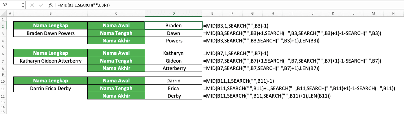 Cara Menggunakan Rumus MID Excel: Fungsi, Contoh, dan Langkah Penulisannya - Screenshot Hasil Implementasi MID SEARCH LEN untuk Memisahkan Nama Awal, Tengah, dan Akhir dari Nama Lengkap
