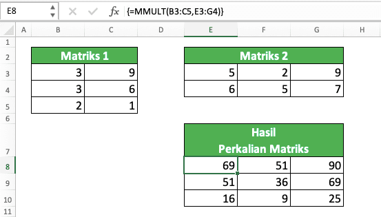 Cara Menggunakan Rumus MMULT Excel: Fungsi, Contoh, dan Langkah Penulisan - Screenshot Contoh Implementasi MMULT