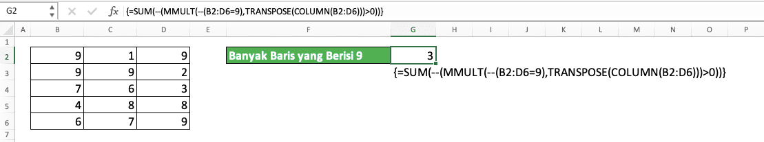 Cara Menggunakan Rumus MMULT Excel: Fungsi, Contoh, dan Langkah Penulisan - Screenshot Contoh Implementasi Kombinasi SUM, MMULT, TRANSPOSE, dan COLUMN