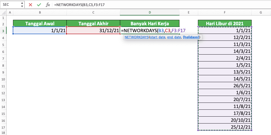 Cara Menggunakan Rumus NETWORKDAYS Excel: Fungsi, Contoh, dan Langkah Penulisan - Screenshot Langkah 5