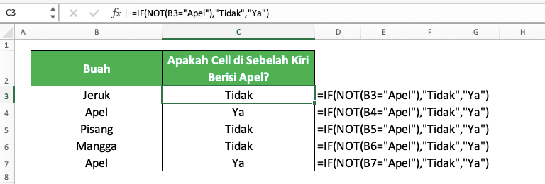Cara Menggunakan Rumus NOT Excel: Fungsi, Contoh, dan Langkah Penulisan - Screenshot Contoh Implementasi Kombinasi IF dan NOT untuk Mengidentifikasi Cell yang Tidak Memiliki Konten Tertentu