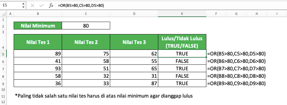 Rumus OR Excel: Fungsi, Contoh, dan Cara Menggunakannya - Screenshot Contoh Implementasi OR di Excel