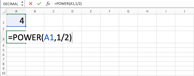 Cara Menggunakan Rumus POWER Excel: Fungsi, Contoh, dan Langkah Penulisan - Screenshot Contoh Penulisan POWER untuk Proses Perhitungan Akar