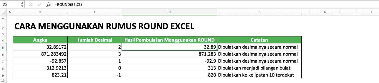 Cara Menggunakan Rumus ROUND Excel: Fungsi, Contoh, dan Penulisan - Screenshot Contoh Penggunaan