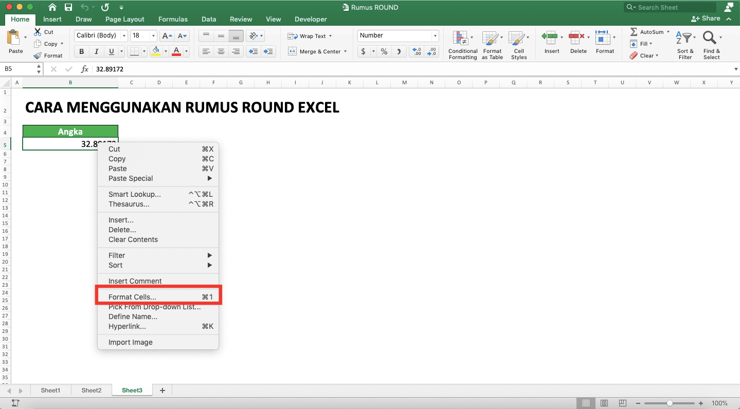 Cara Menggunakan Rumus ROUND Excel: Fungsi, Contoh, dan Penulisan - Screenshot Letak Pilihan Format Cells Pada Menu Klik Kanan cell