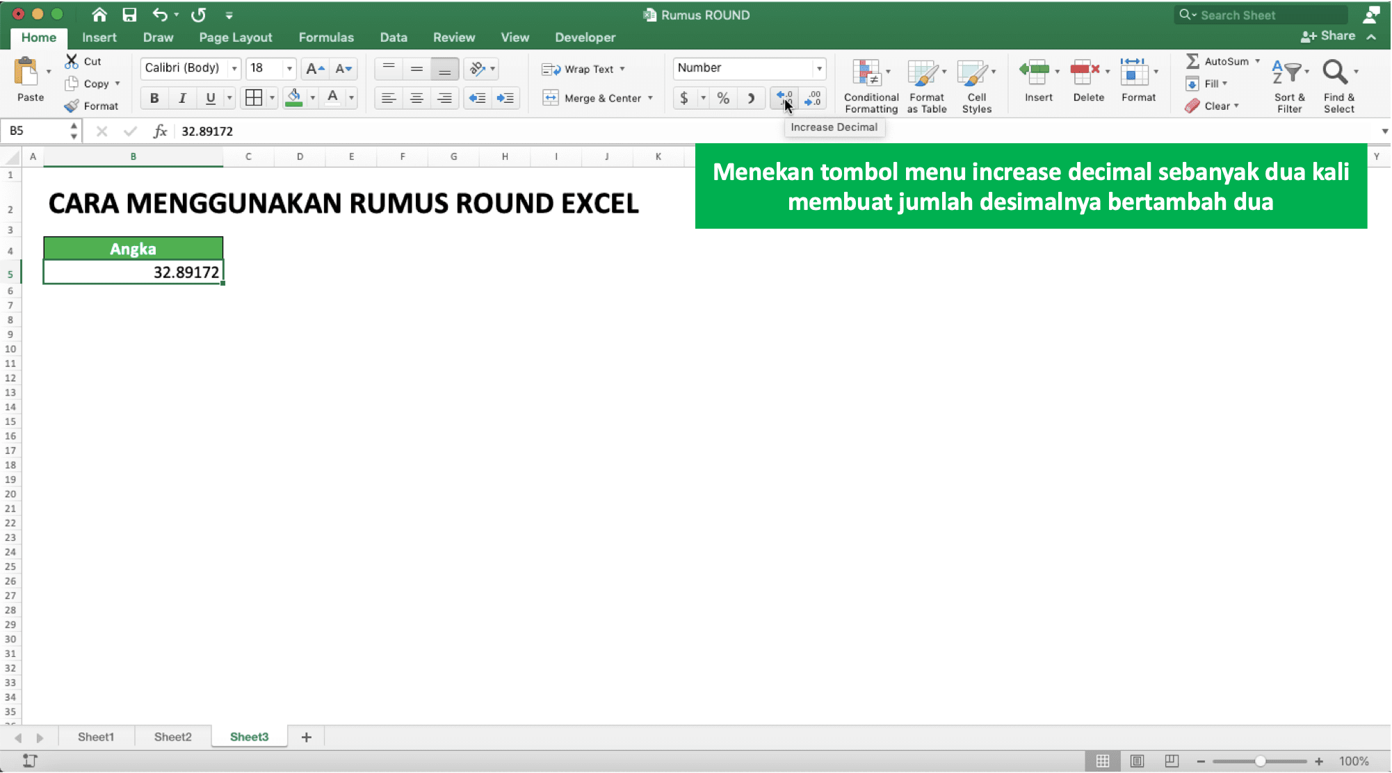 Cara Menggunakan Rumus ROUND Excel: Fungsi, Contoh, dan Penulisan - Screenshot Contoh Penggunaan Menu Decrease Decimal