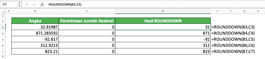 Rumus Excel ROUNDDOWN: Fungsi, Contoh, dan Cara Menggunakannya - Screenshot Contoh Implementasi ROUNDDOWN Untuk Pembulatan ke Bawah ke Bilangan Bulat Terdekat di Excel