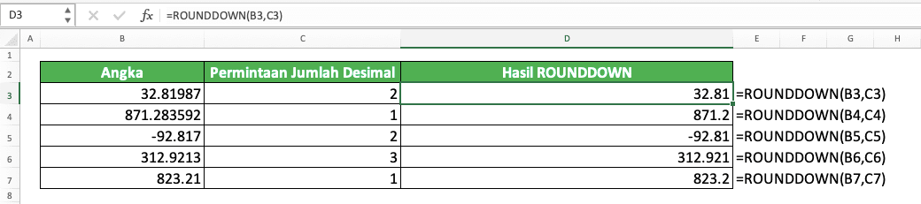 Rumus Excel ROUNDDOWN: Fungsi, Contoh, dan Cara Menggunakannya - Screenshot Contoh Implementasi ROUNDDOWN di Excel