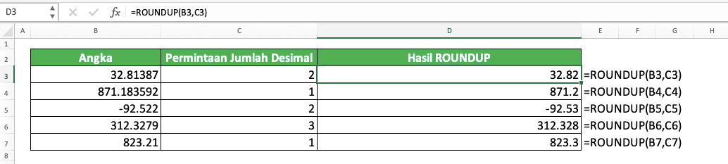 Rumus ROUNDUP Excel: Fungsi, Contoh, dan Cara Menggunakannya - Screenshot Contoh Implementasi ROUNDUP di Excel