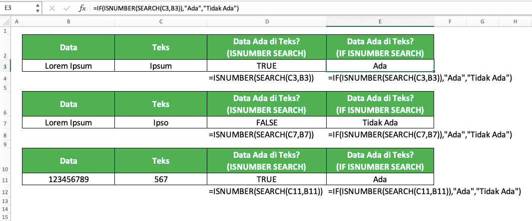 Cara Menggunakan Rumus SEARCH di Excel: Fungsi, Contoh, dan Langkah Penulisan - Screenshot Contoh Implementasi ISNUMBER SEARCH dan IF ISNUMBER SEARCH