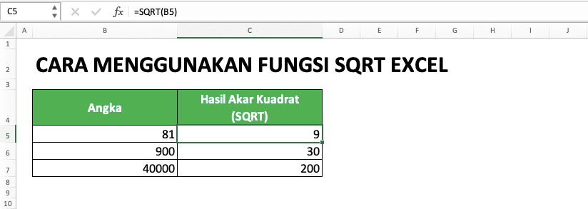 Cara Menggunakan Fungsi SQRT Excel: Kegunaan, Contoh, dan Penulisan Rumus - Screenshot Contoh Penggunaan dan Hasil SQRT