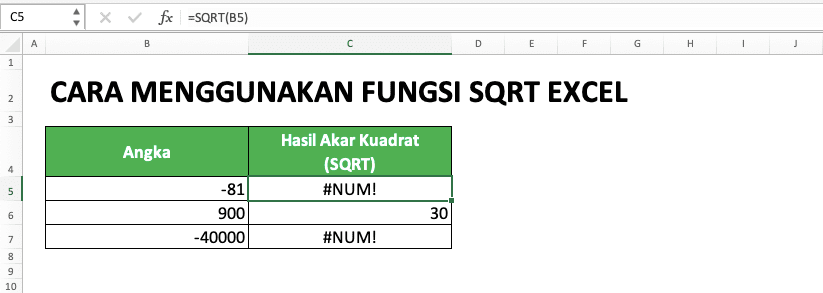 Cara Menggunakan Fungsi SQRT Excel: Kegunaan, Contoh, dan Penulisan Rumus - Screenshot Contoh Error SQRT Jika Inputnya Negatif dan Tidak Memakai  ABS