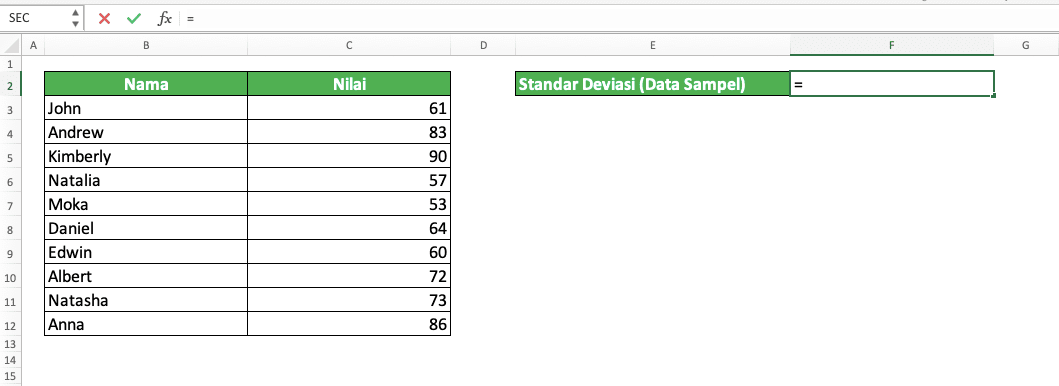 Cara Menggunakan Rumus STDEV Excel: Fungsi, Contoh, dan Langkah Penulisan - Screenshot Langkah 1