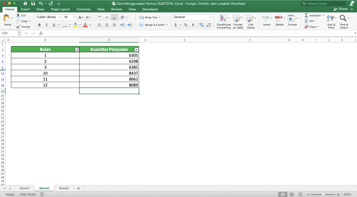 Cara Menggunakan Rumus SUBTOTAL Excel: Fungsi, Contoh, dan Langkah Penulisan - Screenshot Contoh Pemilihan Cell untuk Pembuatan Rumus SUBTOTAL dengan AutoSum