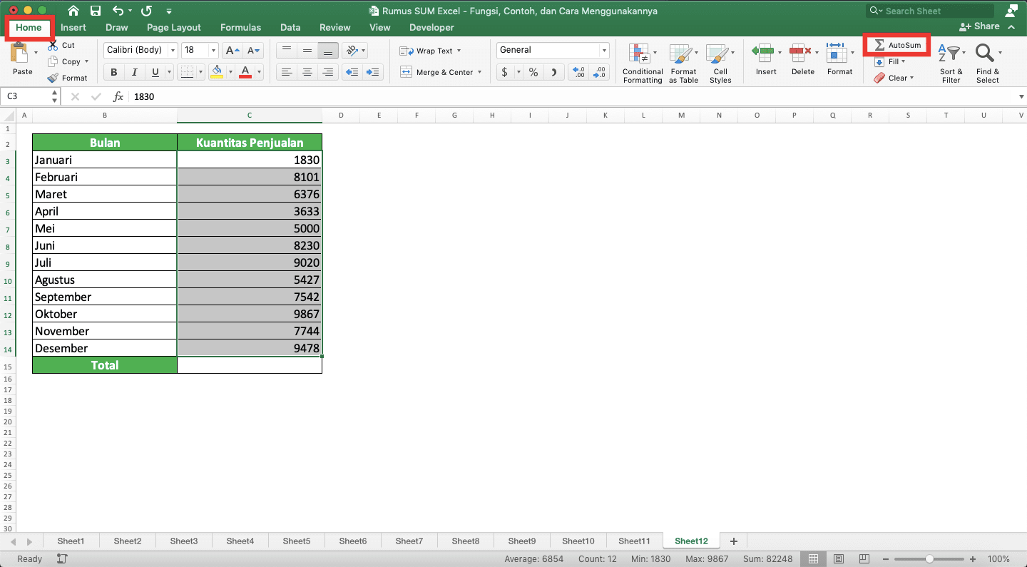Rumus SUM Excel: Fungsi, Contoh, dan Cara Menggunakannya - Screenshot Lokasi Tab Home dan Tombol AutoSumnya