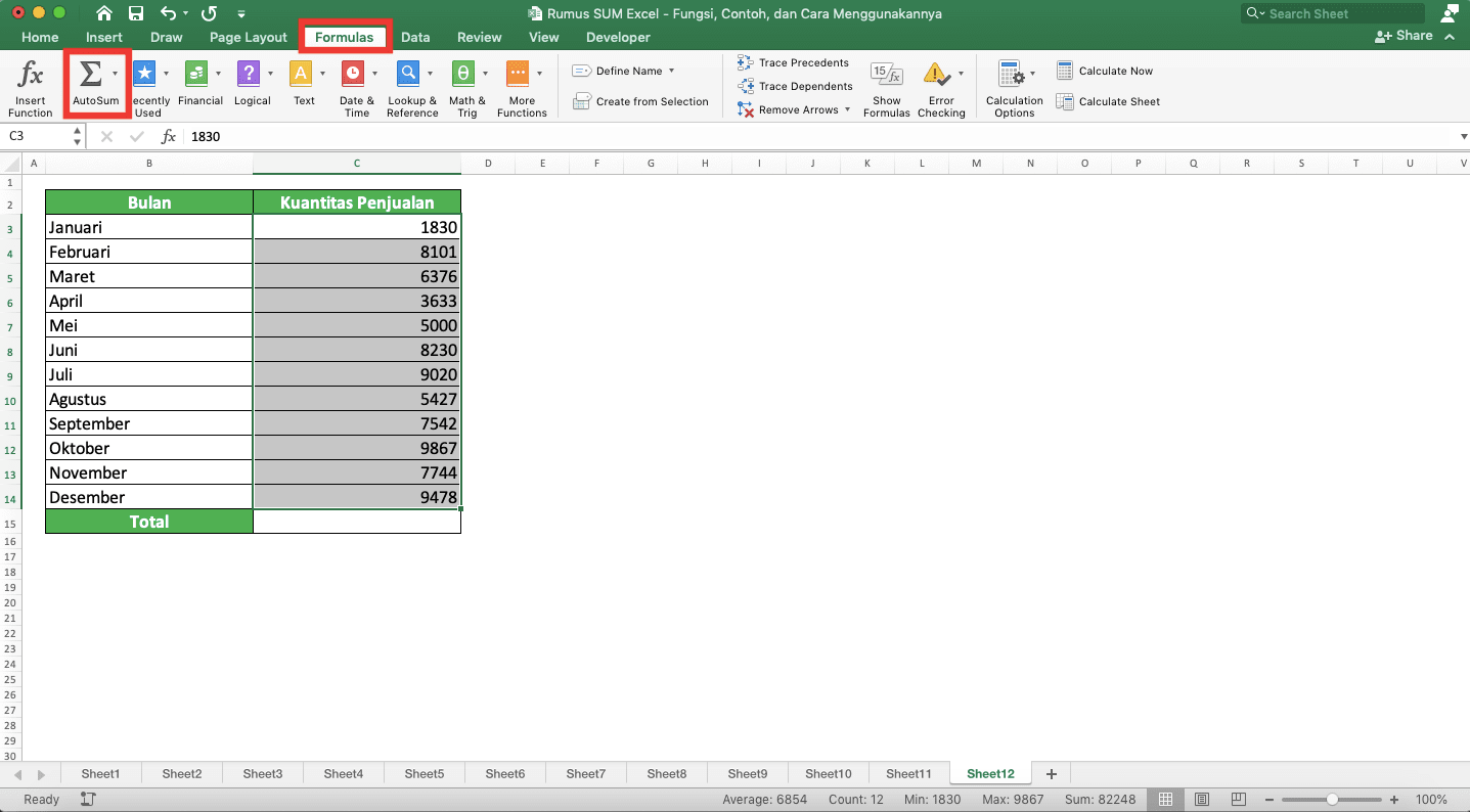 Rumus SUM Excel: Fungsi, Contoh, dan Cara Menggunakannya - Screenshot Lokasi Tab Formulas dan Tombol AutoSumnya