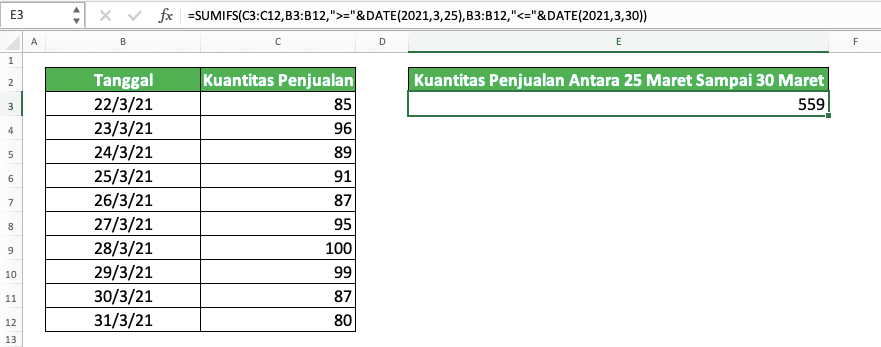 Cara Menggunakan Rumus SUMIFS Excel: Fungsi, Contoh, dan Langkah Penulisan - Screenshot Contoh Implementasi SUMIFS Dengan Kriteria Range Tanggal di Excel