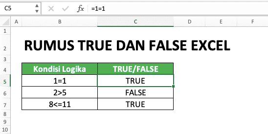 Cara Menggunakan Rumus TRUE dan FALSE Excel: Fungsi, Contoh, dan Penulisan - Screenshot Penulisan Kondisi Logika yang Menghasilkan TRUE di Excel