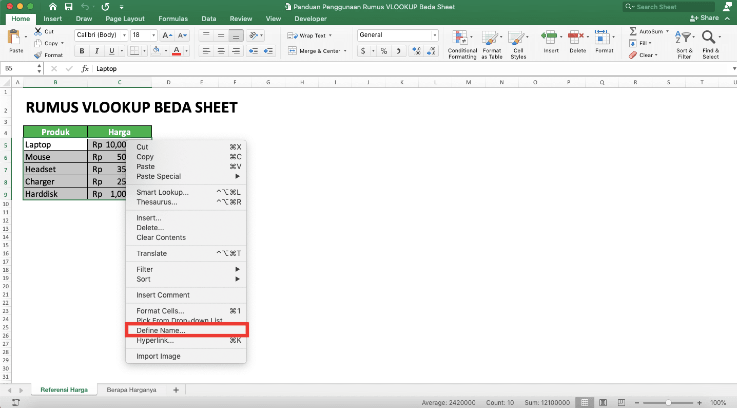 Panduan Penggunaan Rumus VLOOKUP Beda Sheet - Screenshot Lokasi Menu Define Name... Melalui Pilihan Klik Kanan