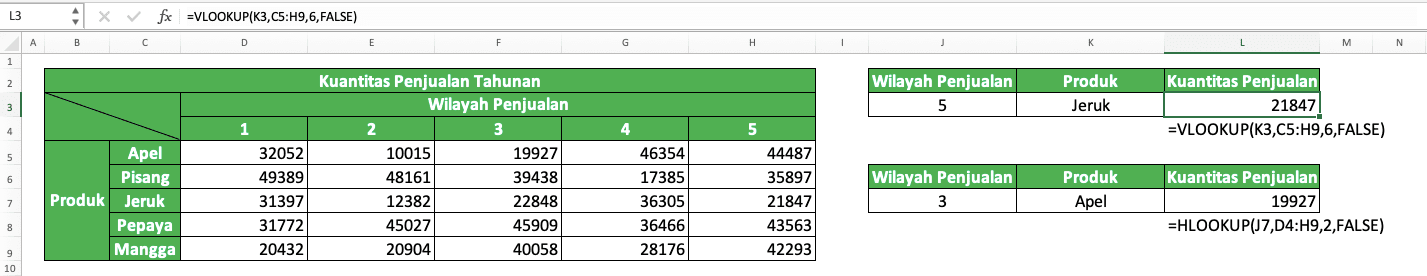 Cara Menggunakan Rumus VLOOKUP dan HLOOKUP di Excel: Fungsi, Contoh, dan Penggunaannya - Screenshot Contoh Implementasi VLOOKUP dan HLOOKUP