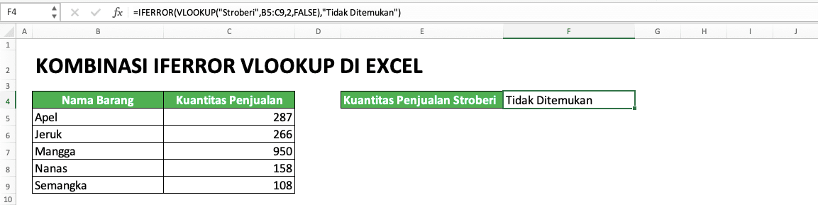 Rumus VLOOKUP Excel: Fungsi, Contoh, dan Cara Menggunakan - Screenshot Contoh Antispasi Error IFERROR VLOOKUP