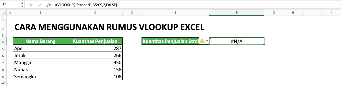 Rumus VLOOKUP Excel: Fungsi, Contoh, dan Cara Menggunakan - Screenshot Contoh Error #N/A dari VLOOKUP Jika Kita Tidak Menggunakan IFERROR untuk VLOOKUP