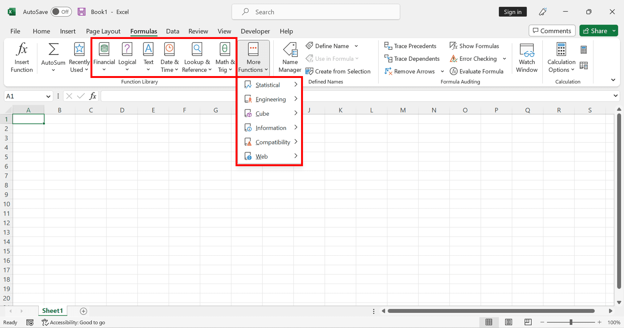 Manakah Berikut Ini yang Bukan Merupakan Kategori Fungsi Excel? - Screenshot Kategori-Kategori Fungsi Excel di Grup Functions Library, Tab Formulas