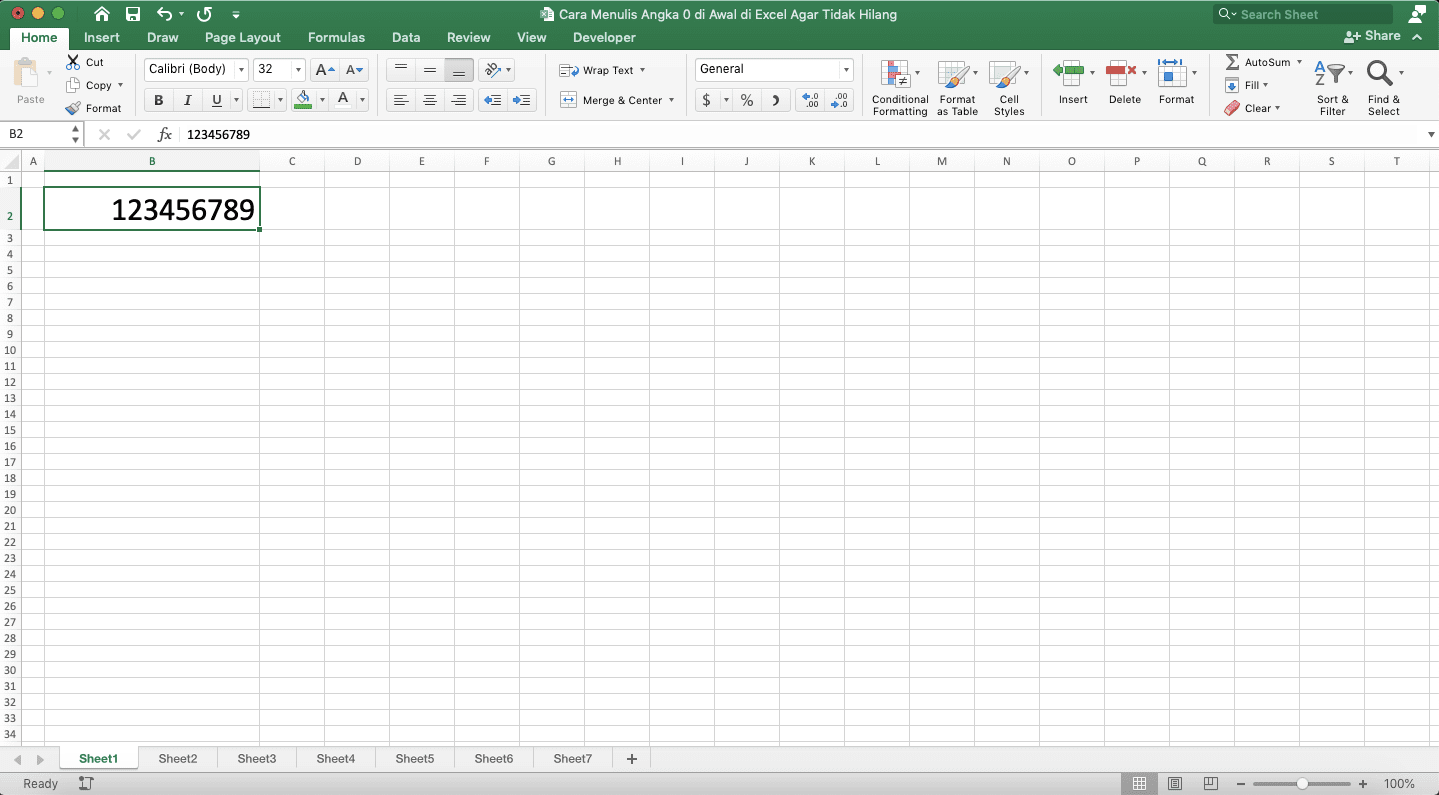 Cara Menulis Angka 0 di Awal di Excel Agar Tidak Hilang - Screenshot Lokasi Tab Home, Tombol Dropdown Format Cell, dan Pilihan General di Daftar Dropdownnya