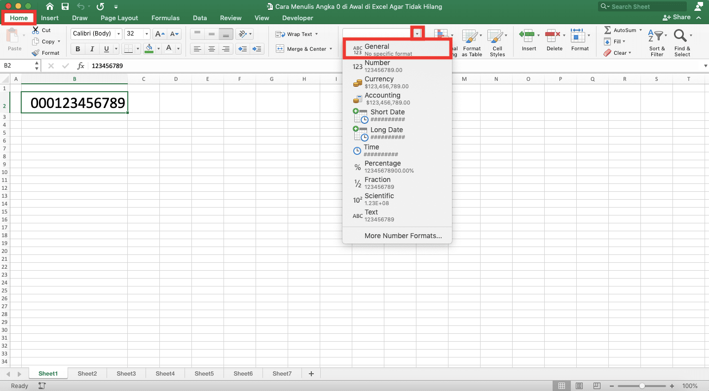 Cara Menulis Angka 0 di Awal di Excel Agar Tidak Hilang - Screenshot Contoh Hasil Implementasi Format Cell General untuk Menghilangkan 0 di Depan Suatu Angka