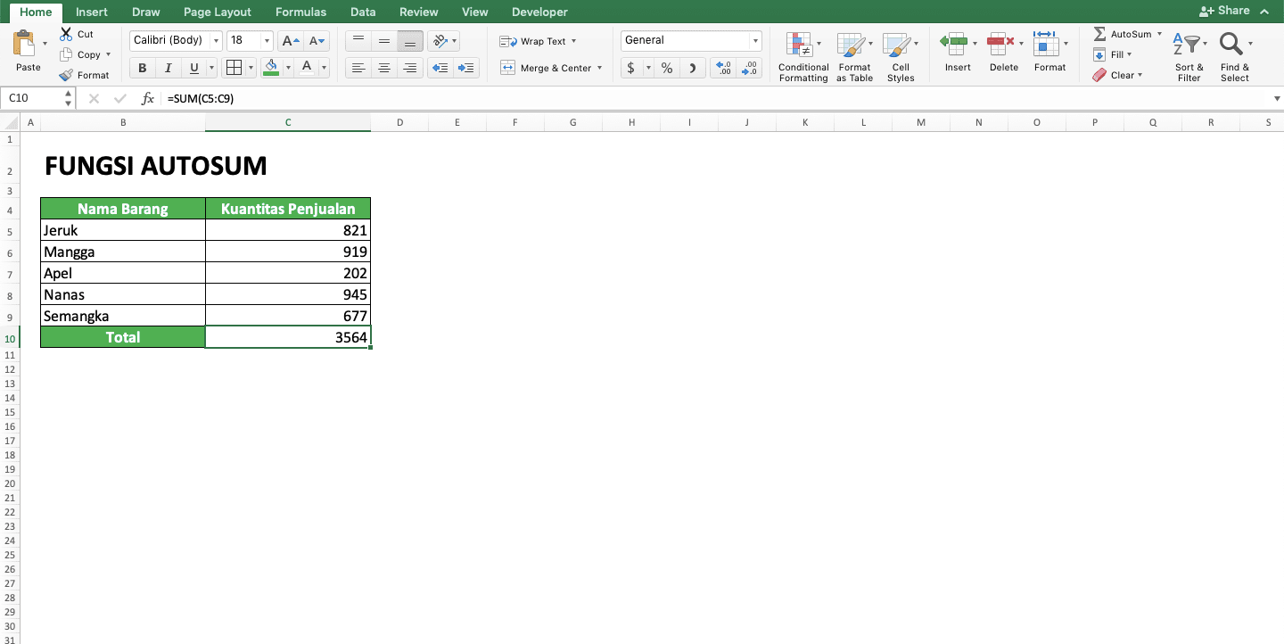 Cara Menggunakan dan Fungsi AutoSum - Screenshot Contoh Penggunaan dan Hasil Akhir AutoSum 