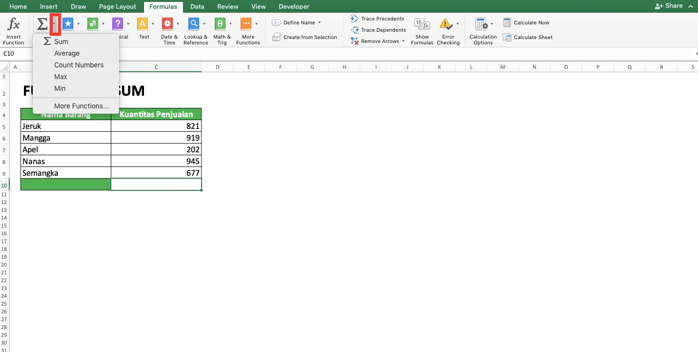 Cara Menggunakan dan Fungsi AutoSum - Screenshot Fungsi Lain AutoSum 1: AVERAGE, COUNT, MAX, MIN