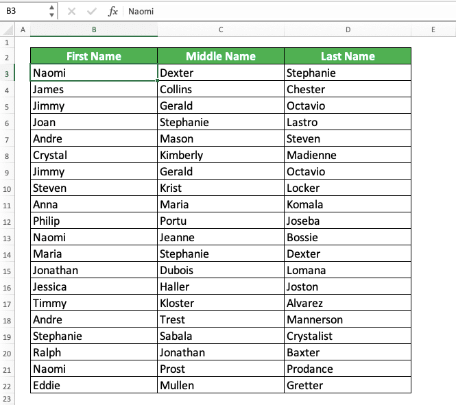 Cara Mencari Data Duplikat di Excel - Screenshot Tabel Data Nama untuk Contoh Proses Menemukan Duplikasi Suatu Baris di Excel