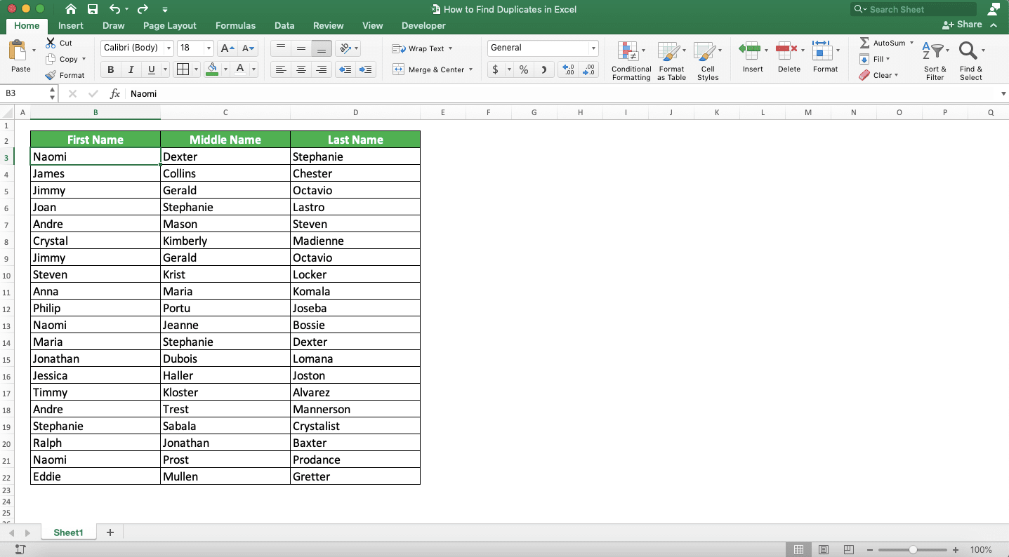 Cara Mencari Data Duplikat di Excel - Screenshot Tabel Data Untuk Contoh Mencari Duplikasi di Excel Dengan Conditional Formatting