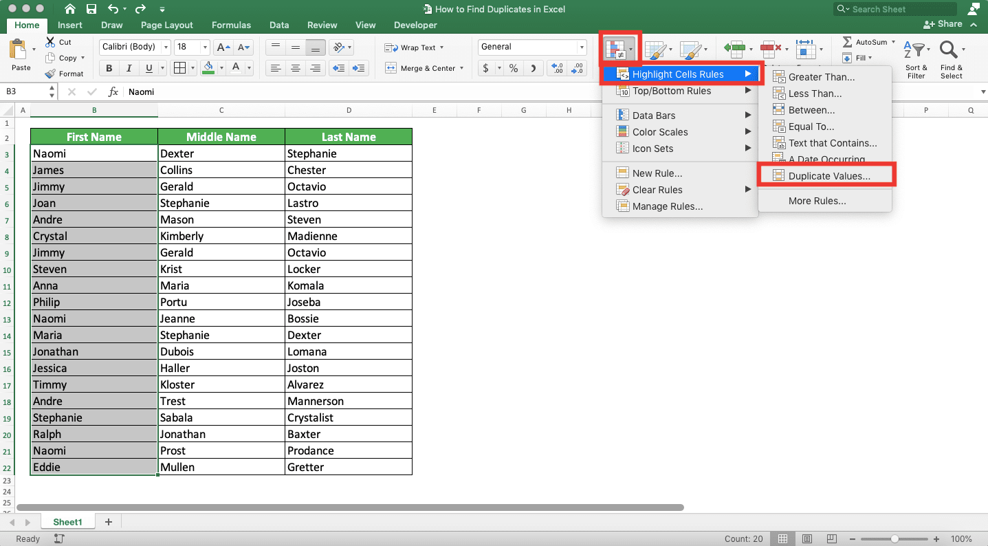 Cara Mencari Data Duplikat di Excel - Screenshot Lokasi Tombol Conditional Formatting, Highlight Cell Rules, dan Duplicate Values... di Excel